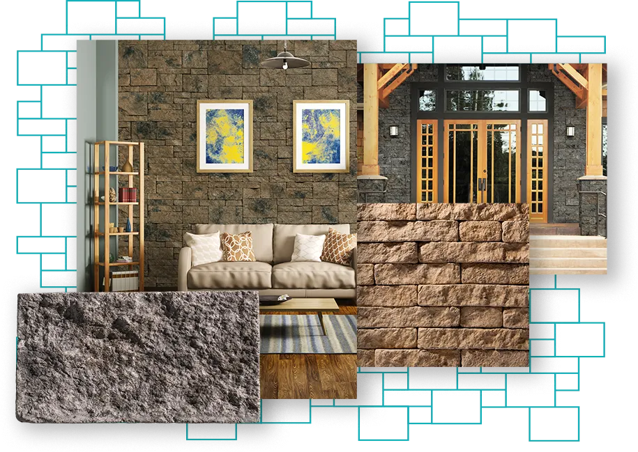 Overlaid images of indoor stone wall cladding interior design 